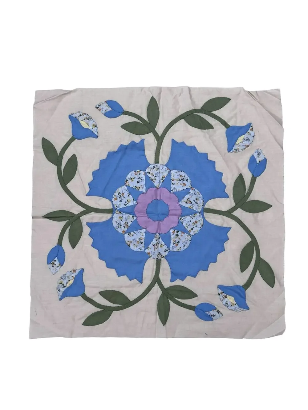 Vintage Floral Hand Sewn Quilted Appliqué Tan Green Purple Cottage Western